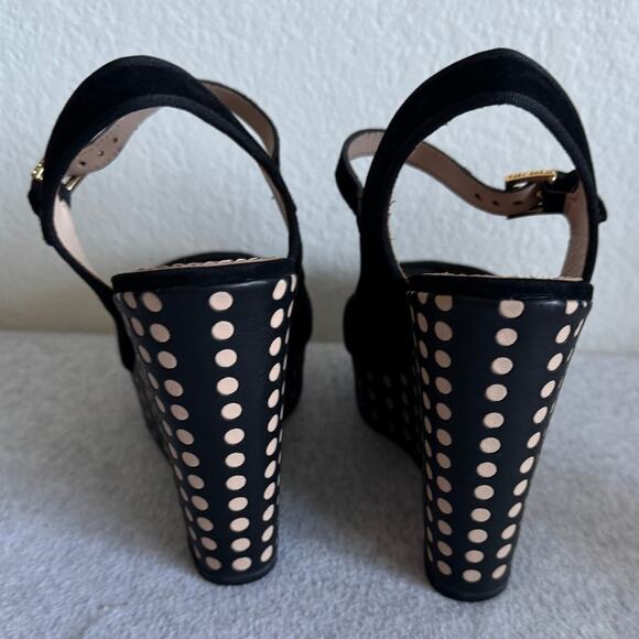 Tory Burch Ollie Cutout Wedge Sandals Black Suede Polka Dot  Tory Burch Ollie Black Suede Platform Wedge Sandals Size 6